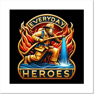 A Hero's Battle: Firefighter Taming Flames Posters and Art